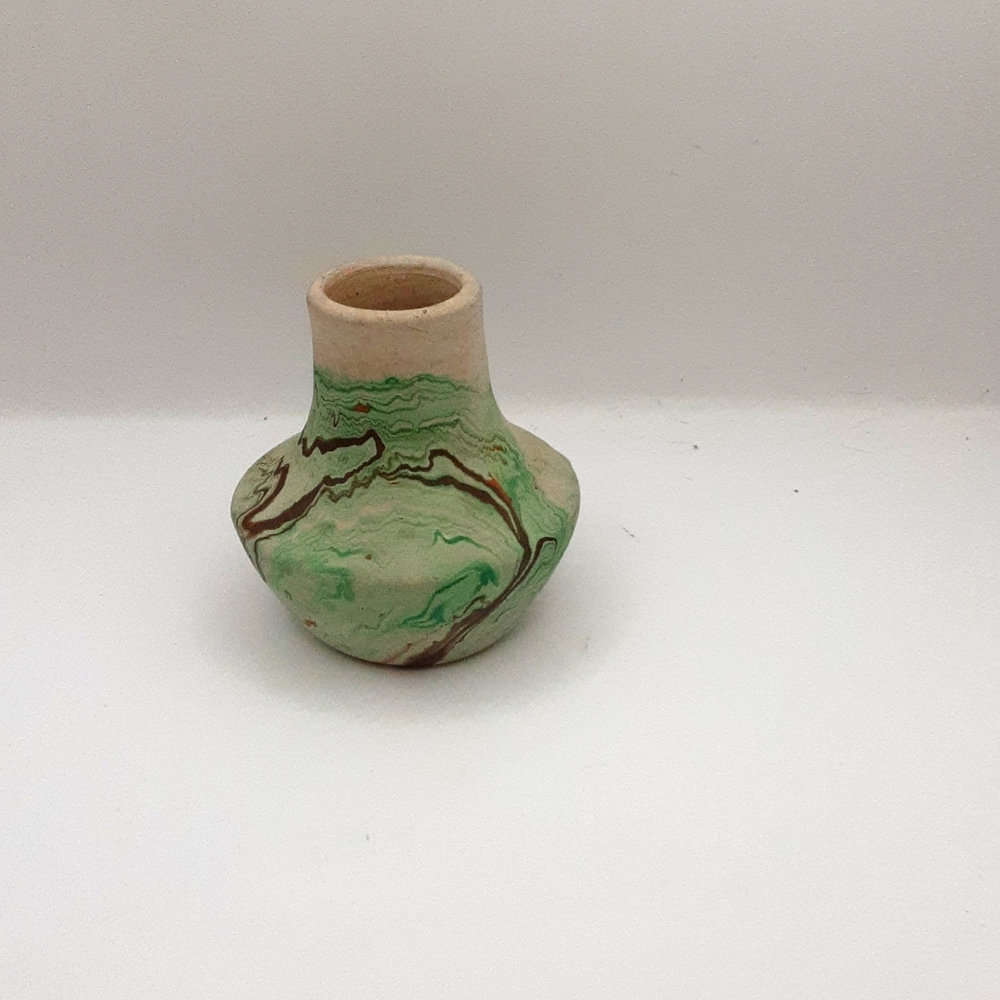 Vintage Nemadji Pottery Vase 3.5" Green/Brown Swirl